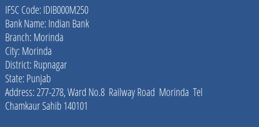 Indian Bank Morinda Branch Rupnagar IFSC Code IDIB000M250