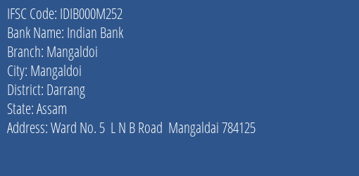 Indian Bank Mangaldoi Branch Darrang IFSC Code IDIB000M252