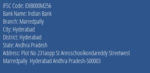 Indian Bank Marredpally Branch Hyderabad IFSC Code IDIB000M256