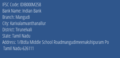 Indian Bank Mangudi Branch Tirunelvali IFSC Code IDIB000M258