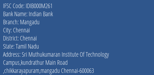 Indian Bank Mangadu Branch Chennai IFSC Code IDIB000M261