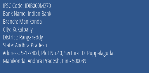Indian Bank Manikonda Branch Rangareddy IFSC Code IDIB000M270