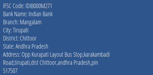 Indian Bank Mangalam Branch Chittoor IFSC Code IDIB000M271