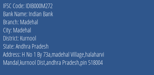Indian Bank Madehal Branch, Branch Code 00M272 & IFSC Code IDIB000M272
