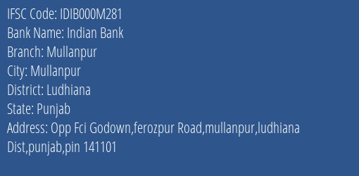 Indian Bank Mullanpur Branch Ludhiana IFSC Code IDIB000M281