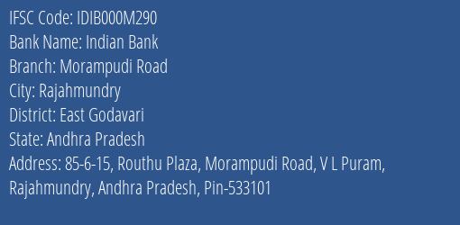 Indian Bank Morampudi Road Branch East Godavari IFSC Code IDIB000M290