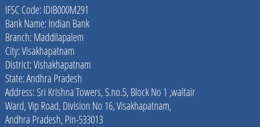 Indian Bank Maddilapalem Branch, Branch Code 00M291 & IFSC Code IDIB000M291