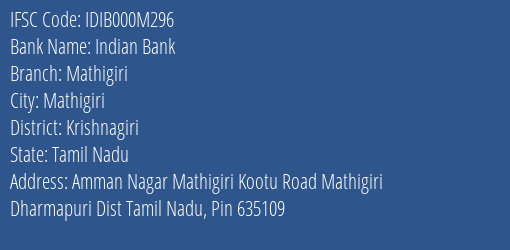 Indian Bank Mathigiri Branch Krishnagiri IFSC Code IDIB000M296