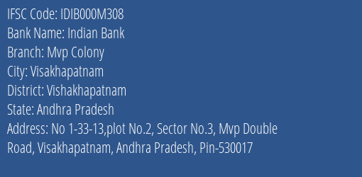 Indian Bank Mvp Colony Branch, Branch Code 00M308 & IFSC Code IDIB000M308