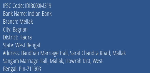 Indian Bank Mellak Branch, Branch Code 00M319 & IFSC Code IDIB000M319