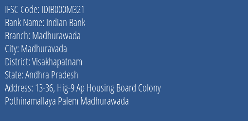 Indian Bank Madhurawada Branch, Branch Code 00M321 & IFSC Code IDIB000M321