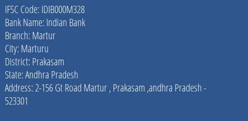 Indian Bank Martur Branch Prakasam IFSC Code IDIB000M328