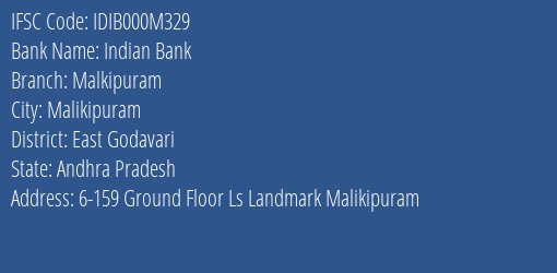 Indian Bank Malkipuram Branch East Godavari IFSC Code IDIB000M329