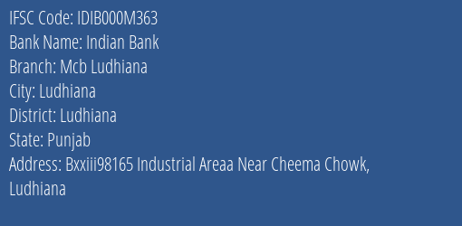 Indian Bank Mcb Ludhiana Branch Ludhiana IFSC Code IDIB000M363
