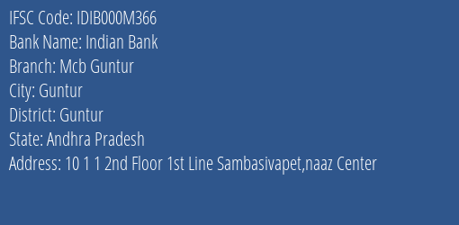 Indian Bank Mcb Guntur Branch Guntur IFSC Code IDIB000M366