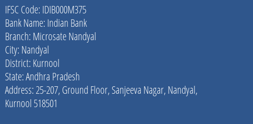 Indian Bank Microsate Nandyal Branch, Branch Code 00M375 & IFSC Code IDIB000M375