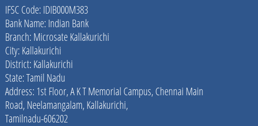 Indian Bank Microsate Kallakurichi Branch Kallakurichi IFSC Code IDIB000M383