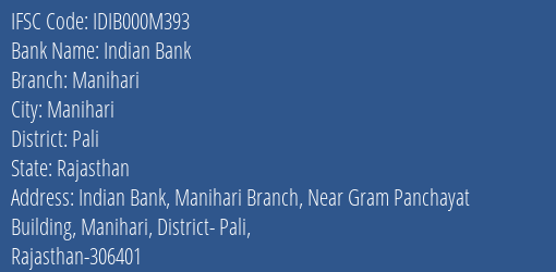Indian Bank Manihari Branch, Branch Code 00M393 & IFSC Code IDIB000M393
