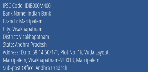 Indian Bank Marripalem Branch, Branch Code 00M400 & IFSC Code IDIB000M400