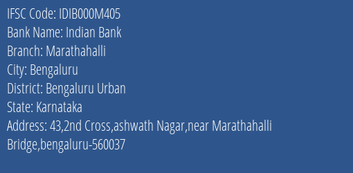 Indian Bank Marathahalli Branch, Branch Code 00M405 & IFSC Code IDIB000M405
