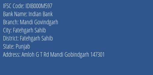 Indian Bank Mandi Govindgarh Branch, Branch Code 00M597 & IFSC Code Idib000m597