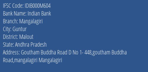 Indian Bank Mangalagiri Branch Malout IFSC Code IDIB000M604