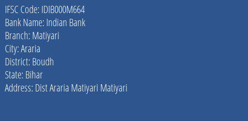 Indian Bank Matiyari Branch Boudh IFSC Code IDIB000M664