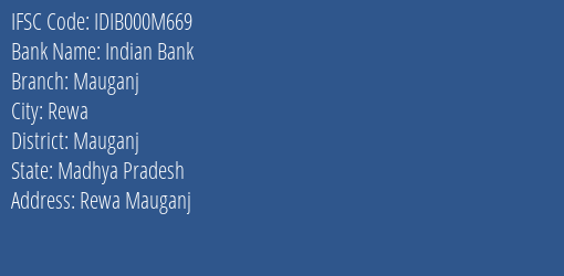 Indian Bank Mauganj Branch Mauganj IFSC Code IDIB000M669