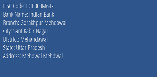 Indian Bank Gorakhpur Mehdawal Branch Mehandawal IFSC Code IDIB000M692