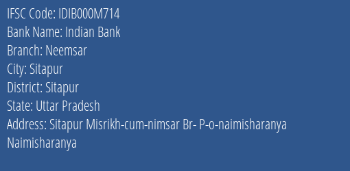 Indian Bank Neemsar Branch Sitapur IFSC Code IDIB000M714