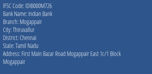 Indian Bank Mogappair Branch IFSC Code