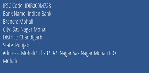 Indian Bank Mohali Branch Chandigarh IFSC Code IDIB000M728