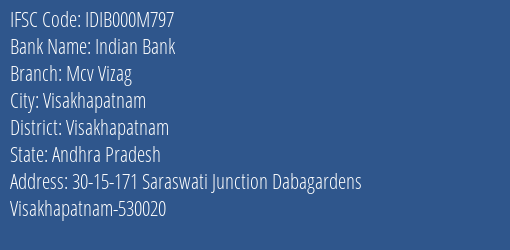 Indian Bank Mcv Vizag Branch, Branch Code 00M797 & IFSC Code IDIB000M797