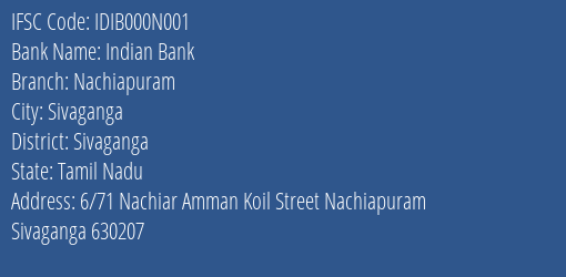 Indian Bank Nachiapuram Branch, Branch Code 00N001 & IFSC Code IDIB000N001