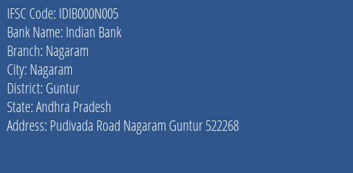 Indian Bank Nagaram Branch Guntur IFSC Code IDIB000N005
