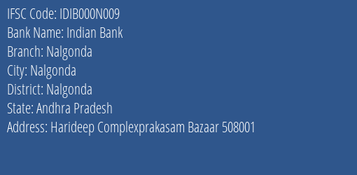 Indian Bank Nalgonda Branch Nalgonda IFSC Code IDIB000N009