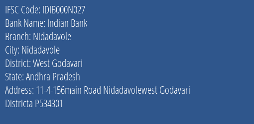 Indian Bank Nidadavole Branch West Godavari IFSC Code IDIB000N027