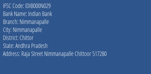 Indian Bank Nimmanapalle Branch Chittor IFSC Code IDIB000N029