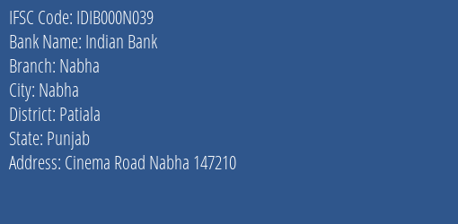 Indian Bank Nabha Branch Patiala IFSC Code IDIB000N039