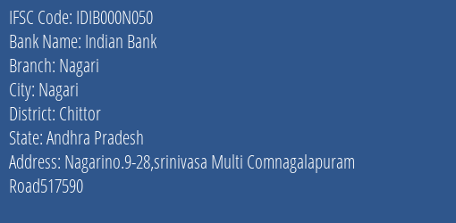 Indian Bank Nagari Branch Chittor IFSC Code IDIB000N050