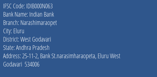 Indian Bank Narashimaraopet Branch West Godavari IFSC Code IDIB000N063