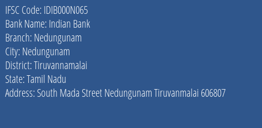 Indian Bank Nedungunam Branch Tiruvannamalai IFSC Code IDIB000N065