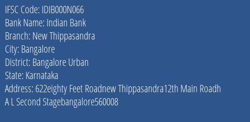 Indian Bank New Thippasandra Branch IFSC Code