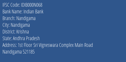 Indian Bank Nandigama Branch, Branch Code 00N068 & IFSC Code Idib000n068