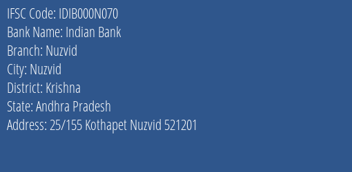 Indian Bank Nuzvid Branch Krishna IFSC Code IDIB000N070