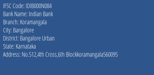Indian Bank Koramangala Branch IFSC Code