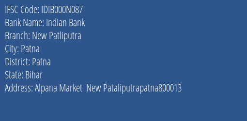 Indian Bank New Patliputra Branch Patna IFSC Code IDIB000N087