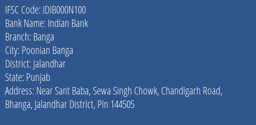 Indian Bank Banga Branch Jalandhar IFSC Code IDIB000N100