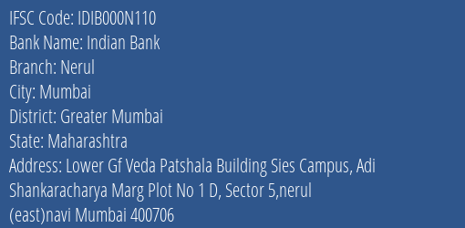 Indian Bank Nerul Branch Greater Mumbai IFSC Code IDIB000N110