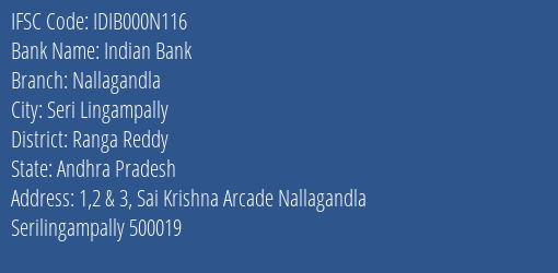 Indian Bank Nallagandla Branch Ranga Reddy IFSC Code IDIB000N116